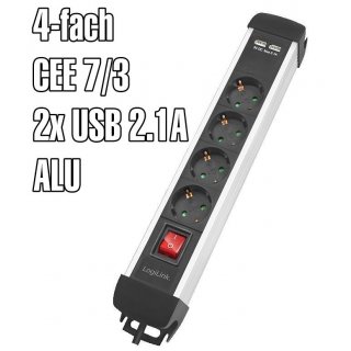 LogiLink Steckdosenleiste 4-fach Schalter, 4x CEE 7/3 + 2x USB 1,5m schwarz ALU