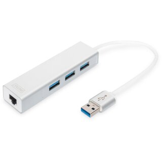 DIGITUS USB-Hub 3-Port 3.0->3xA3.0 1xLAN integr. Kabel we
