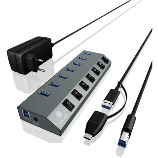 USB3.0 HUB 7Port ICY BOX 7xUSB3.0 (An-/Ausschalter für jeden Port) aktiv mit Netzteil Grey