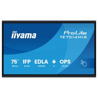 189,3cm/75" (3840x2160) iiyama ProLite TE7514MIS-B2AG 16:9 4K UHD VA Touch 8ms 60Hz 24/7 4xHDMI DP USB-C LAN WIFI Speaker Black