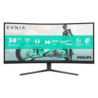 86,36 cm/34" (3440×1440) Philips 34M2C3500L/00 21:9 WQHD Fast VA 1 ms 180 Hz 2× HDMI 2.0 DisplayPort 1.4 VESA Black