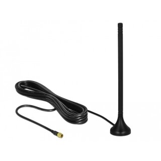 DELOCK LTE Antenne SMA Stecker 3 - 5 dBi 12.5 cm starr omnidirektional mit magnetischem Standfuss und Anschlusskabel RG-174 A/U 3 m