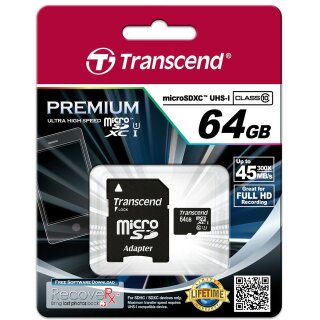 CARD microSD Card 64GB Transcend SDXC UHS1 w/adapter