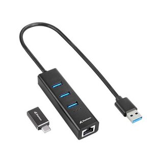 Sharkoon 3-Port USB 3.2 Gen 1 Alu Hub + Ethernet (schwarz)