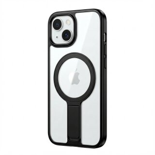 Case aus 10H Hartglas mit Kickstand für Apple iPhone 16, Transparent/Schwarz, GA-MAGCS-IP24-BLS61BLK