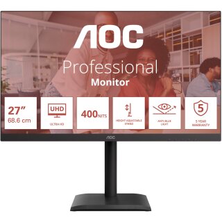 AOC U27E4CV - 27 Zoll Ultra HD, Lautsprecher, (3840x2160, 60 Hz, 2x HDMI 2.0, DisplayPort 1.4, USB-C (90W PD), RJ45, USB Hub) schwarz