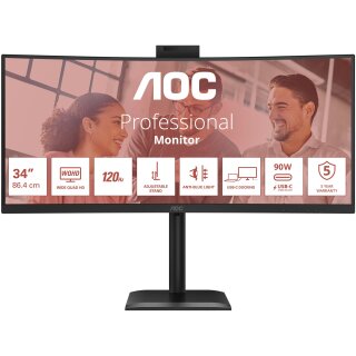 AOC CU34E4CV - 34 Zoll WQHD Curved, (3440x1440, 120 Hz, 2x HDMI 2.0, DP 1.4, DP, USB-C (90 W Power Delivery), RJ45, USB Hub) schwarz