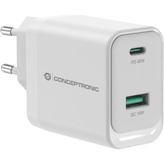 CONCEPTRONIC Ladegerät 2Port GaN USB-C/-A 45WPD3.0/PPS ws