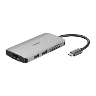 USB-C HUB 8Port D-Link DUB-M810 3xUSB3.0 USB-C HDMI 4K SD microSD Gigabit Lan RJ45 passiv Grey