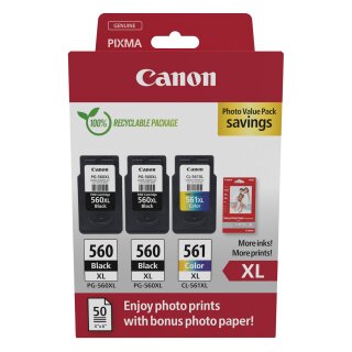 Canon Tinte PG-560XL/CL-561XL 3712C012 3er Multipack (2xBK/Color) inkl. Fotopapier