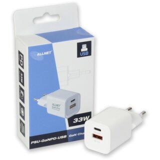 Z ALLNET Ersatznetzteil QC USB-C PD GaN Netzteil Power Supply 33 Watt 1x USB Typ-A QC 1x USB Typ-C**EU PLUG**