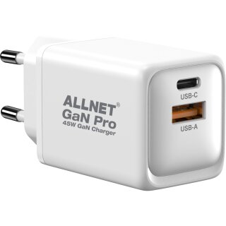 Z ALLNET Ersatznetzteil QC USB-C PD GaN Netzteil Power Supply 45 Watt 1x USB Typ-A QC 1x USB Typ-C**EU PLUG**
