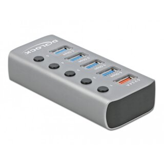 DELOCK USB 3.2 Gen 1 Hub mit 4 Ports + 1 Schnellladeport mit Schalter und Beleuchtung