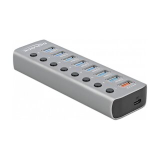 DELOCK USB 3.2 Gen 1 Hub mit 7 Ports + 1 Schnellladeport + 1 USB-C PD 3.0 Port mit Schalter und Beleuchtung