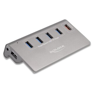 DELOCK USB 10 Gbps Hub mit 4 USB Typ-A Ports + 1 Schnellladeport inkl. Netzteil