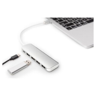 DIGITUS USB-C-Hub 4-Port 3.0->4xA3.0 1xC-PD intgr.Kabel wei
