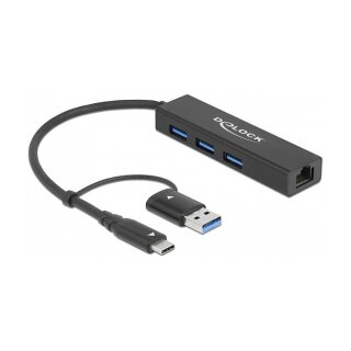 DELOCK 3 Port USB 3.2 Gen 1 Hub + Gigabit LAN mit USB Type-C oder USB Typ-A Anschluss