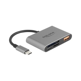 DELOCK USB-C Card Reader fur SD und Micro SD Speicherkarten + USB 10 Gbps Typ-A Port und USB Type-C PD 2.0 85 W