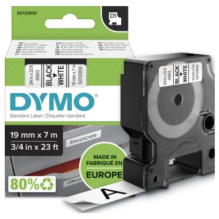 Dymo LabelWriter - D1 Etiketten Glanzband - 19 mm x 7 m - Schwarz auf Weiß - (S0720830)