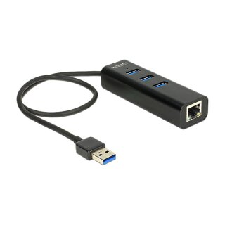 DeLock USB 3.0 Hub 3 Port + 1 Port Gigabit LAN 10/100/1000 Mb/s - Hub - 3 Anschlüsse