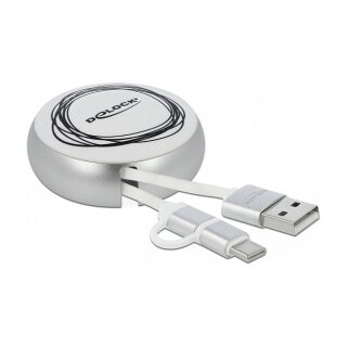 USB 2 in 1 Aufrollkabel Typ-A zu Micro-B und USB-C™ weiß / silber