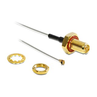 Antennenkabel RP-SMA Buchse zum Einbau zu I-PEX Inc., MHF® I Stecker 1.13, 10 cm Gewindelänge 10 mm spritzwassergeschützt