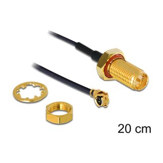 Antennenkabel RP-SMA Buchse zum Einbau zu I-PEX Inc., MHF® I Stecker 1.13, 20 cm Gewindelänge 10 mm spritzwassergeschützt