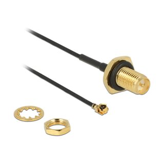 Antennenkabel RP-SMA Buchse zum Einbau zu I-PEX Inc., MHF® I Stecker 1.13, 10 cm Gewindelänge 9 mm spritzwassergeschützt