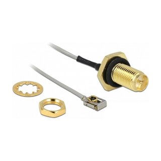DELOCK Antennenkabel RP-SMA Buchse zum Einbau zu MHF I LK Stecker 1.13 10 cm Gewindelnge 10 mm spritzwassergeschtzt
