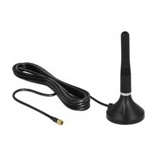DELOCK LTE Antenne SMA Stecker 2 - 3 dBi 11 cm starr omnidirektional mit magnetischem Standfuss und Anschlusskabel RG-174 A/U 3 m