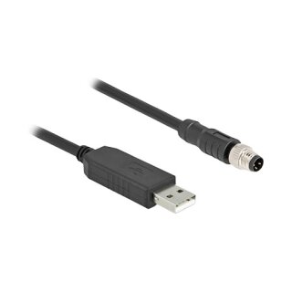 Delock M8 A-kodiert 3 Pin Serielles Anschlusskabel mit FTDI Chipsatz, USB 2.0 Typ-A Stecker zu M8 RS-232 Stecker 1,8 m schwarz