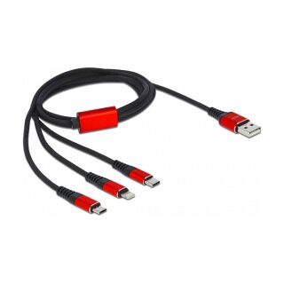 Delock USB Ladekabel 3 in 1 Typ-A zu Lightning™ / 2 x USB Type-C™ 1 m schwarz / rot