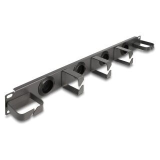 19" Kabelmanagement Rangierpanel mit 4 Gummi Kabeldurchführungen und 5 Metall Bügeln 1 HE dunkelgrau