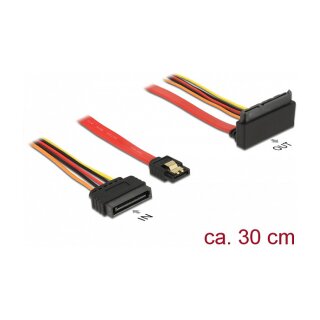 Delock Kabel SATA 6 Gb/s 7 Pin Buchse + SATA 15 Pin Strom Stecker > SATA 22 Pin Buchse oben gewinkelt Metall 30 cm