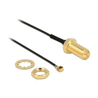 Antennenkabel RP-SMA Buchse zum Einbau zu I-PEX Inc., MHF® I Stecker 1.13, 10 cm Gewindelänge 10 mm