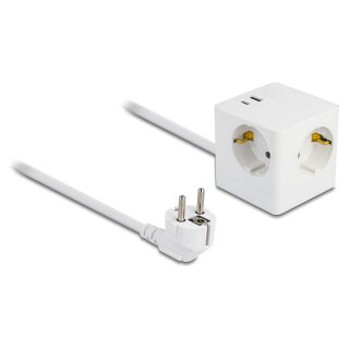 Steckdosenwürfel mit Verlängerungskabel 3-fach mit Kindersicherung und USB PD 3.0 Ladegerät 20 W, 1,5 m Kabel, weiß