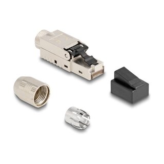 RJ45 Stecker feldkonfektionierbar Cat.6A mit Kabelverschraubung und Staubschutz werkzeugfrei