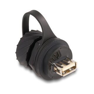 Delock Kabelverbinder USB 2.0 Typ-B Buchse zu USB 2.0 Typ-A Buchse zum Einbau mit Bajonett-Verschlusskappe IP68 staub- und wasserdicht schwarz