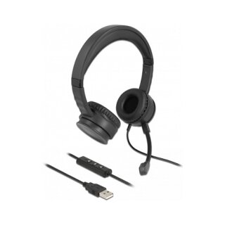 Delock USB Stereo Headset mit Kabelfernbedienung und Quick-Mute Taste für PC und Notebook