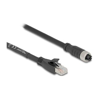 Delock M12 Kabel X-kodiert 8 Pin Buchse zu RJ45 Stecker Cat.5e S/FTP flexibel 3 m schwarz
