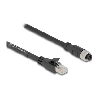 Delock M12 Kabel X-kodiert 8 Pin Buchse zu RJ45 Stecker Cat.5e S/FTP flexibel 2 m schwarz
