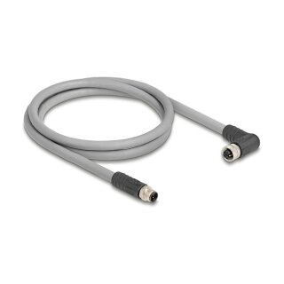 Delock M12 Kabel L-kodiert 5 Pin Stecker gerade zu Buchse rechts gewinkelt PUR schleppkettentauglich 2 m grau
