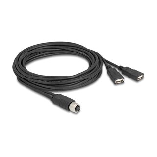 Delock M12 Kabel A-kodiert 8 Pin Buchse zu 2 x USB 2.0 Typ-A Buchse 3 m schwarz