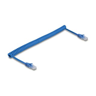 Delock RJ45 Spiralkabel Stecker zu Stecker Cat.6 UTP 0,8 m bis 1,8 m blau