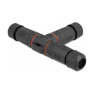 Delock Kabelverbinder T-Form für Außenbereich 3 Pin, IP68 wasserdicht, schraubbar, Kabeldurchmesser 4,5 - 7,5 mm schwarz