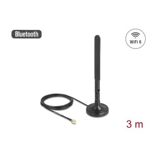 Delock WiFi 6 Antenne RP-SMA Stecker 3 dBi omnidirektional mit Anschlusskabel RG-174 3 m mit Kippgelenk mit magnetischem Standfuß schwarz
