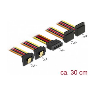Delock Kabel SATA 15 Pin Strom Stecker mit Einrastfunktion > SATA 15 Pin Strom Buchse 2 x unten / 2 x oben 30 cm