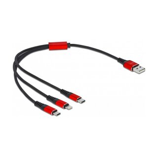 Delock USB Ladekabel 3 in 1 Typ-A zu Lightning™ / 2 x USB Type-C™ 30 cm schwarz / rot