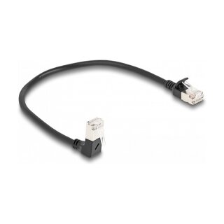 Delock RJ45 Netzwerkkabel Cat.6A S/FTP Slim 90° unten gewinkelt / gerade 0,25 m schwarz