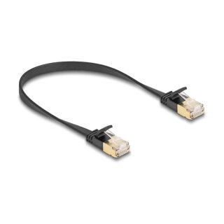 RJ45 Netzwerkkabel Cat.6A Stecker zu Stecker mit robuster Rastnase und Cat.7 Rohflachbandkabel U/FTP 0,3 m schwarz
